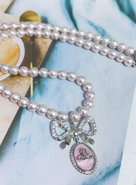 微镶蝴蝶结粉色贝母耳环项链女甜美气质淑女复古巴洛克宫廷风套装