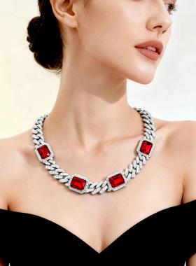 欧美嘻哈15mm4颗彩色宝石珠宝古巴链满钻个性潮人hiphop项链定制