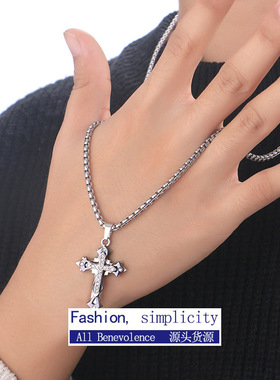 跨境新款十字架吊坠项链镶锆石情侣款毛衣链小众设计款项链