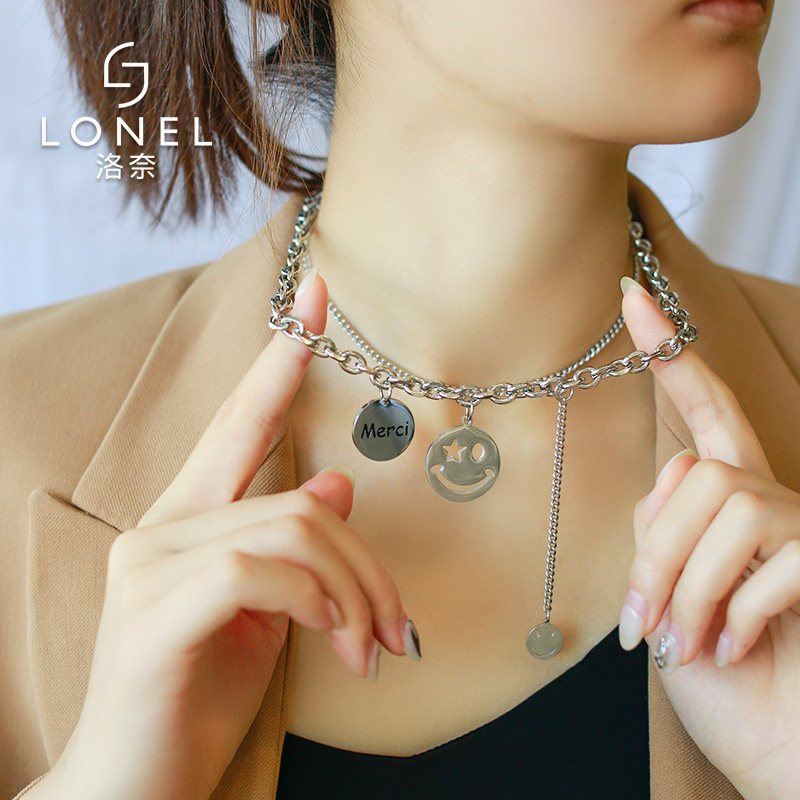 双层钛钢项链笑脸嘻哈卫衣毛衣链子 lonel洛奈项链