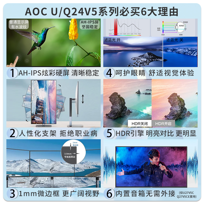 AOC显示器24/27英寸27V5 CE升降IPS屏Q24V4 B3电脑2K高清屏幕HDR - 图1