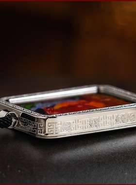 原矿朱砂手工彩绘方唐卡s925银文殊菩萨吊坠男饰品女情侣款藏唐卡