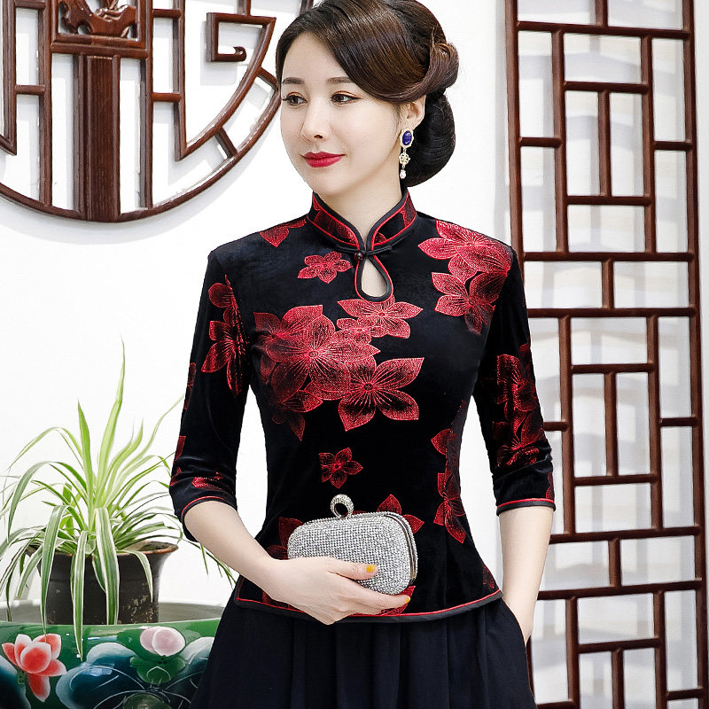 金丝绒旗袍上衣中国风短款唐装汉服 益佳红上衣