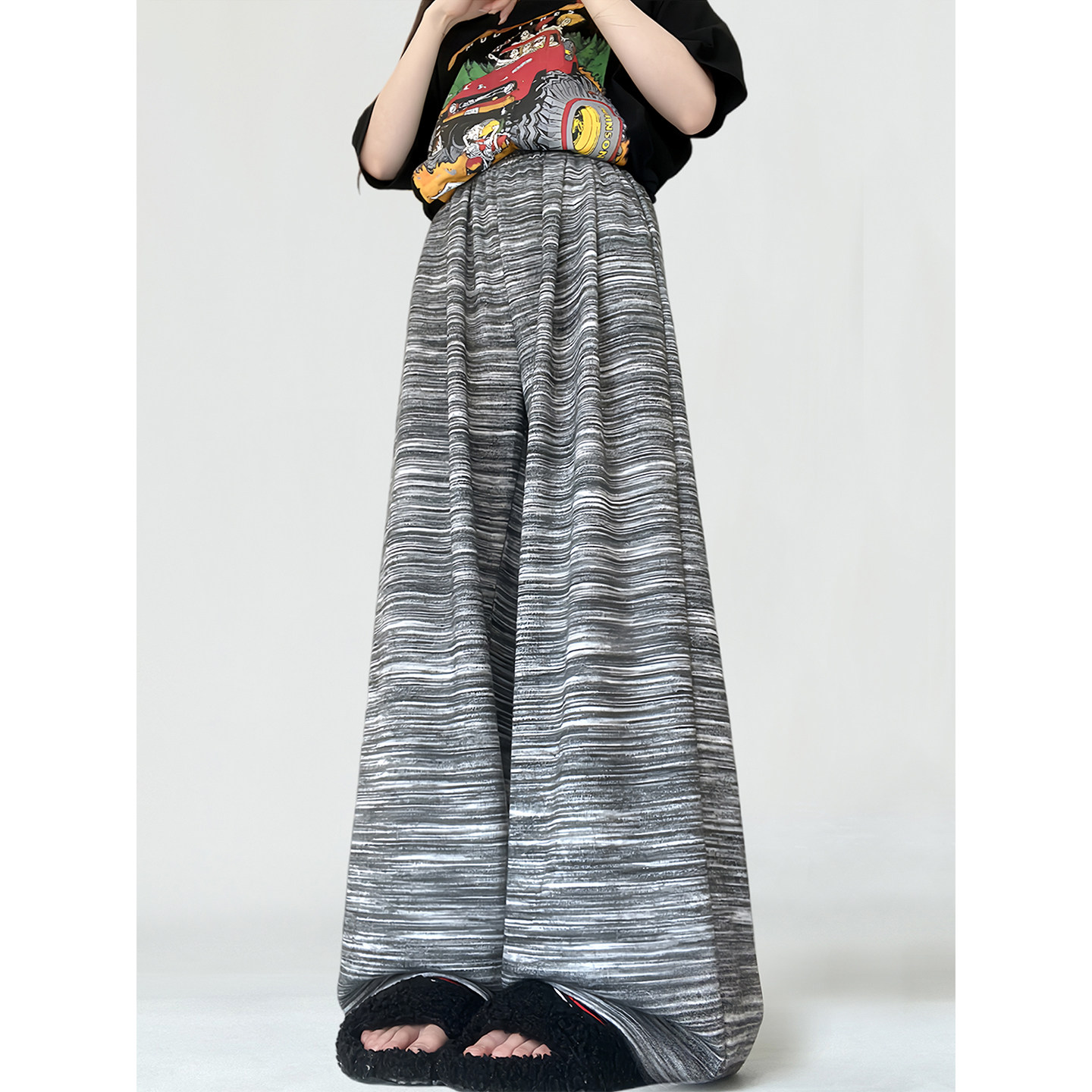 微胖mm慵懒风条纹高腰阔腿裤女春秋大码300斤显瘦垂感针织休闲裤,淘宝优惠券,粉丝福利购,淘宝优惠卷