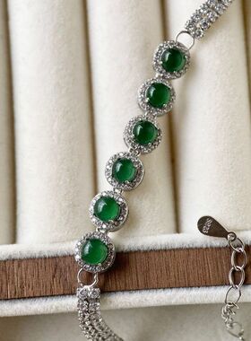 法国轻奢天然a货危料冰种阳绿翡翠手链925银镶蛋面时尚手饰