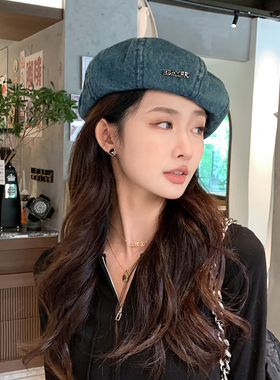 水洗牛仔做旧贝雷帽八角帽显脸小