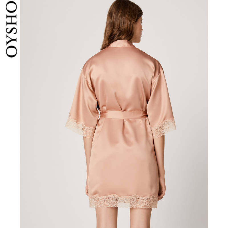 oysho花边缎面短袖睡袍新娘晨袍 oysho睡袍/浴袍