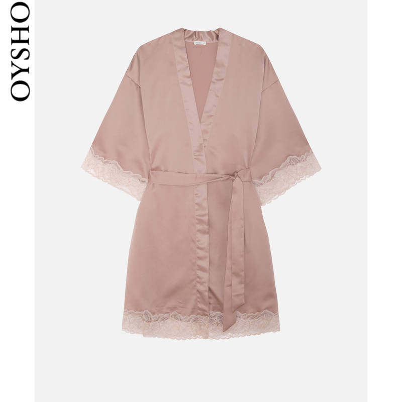 oysho花边缎面短袖睡袍新娘晨袍 oysho睡袍/浴袍