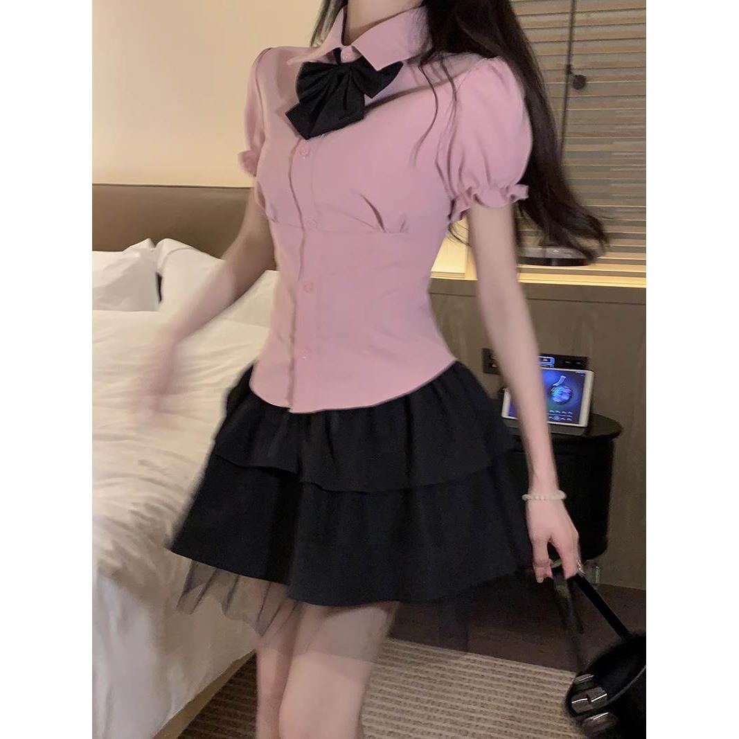 学院风JK制服美式套装短袖衬衫上衣女蓬蓬辣妹半身裙小个子两件套 - 图2