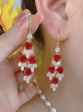 红色玫瑰花锆石耳扣轻奢女耳饰品