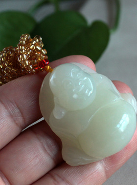 千蕊天然和田玉雕刻佛吊坠弥勒佛笑佛修心修佛玉项链送证书实物