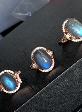 天然拉长石戒指幽蓝光钠长石