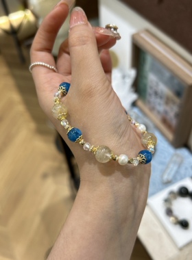 天然水晶蓝水金发晶手链女款蓝磷灰手串送人生日礼物新中式送女友