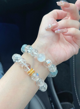 原创天然水晶海蓝宝手串女款单圈白阿塞蓝月光手链送人礼物新中式