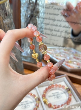 原创天然红胶花手链女款黑金超七手串镀金爱心吊坠送人礼物七夕