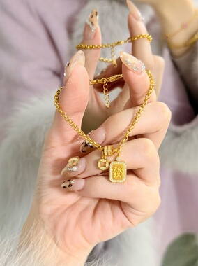 水贝发财有钱黄金手链女 999足金点钻镶嵌小方牌暴富招财5G手串