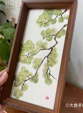 纯手绘国画松树放轻松桌面摆台茶室装饰画国风礼品伴手礼15×27cm
