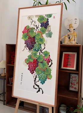 纯手绘葡萄国画水墨画客厅茶室办公室玄关挂画装饰画62×122cm