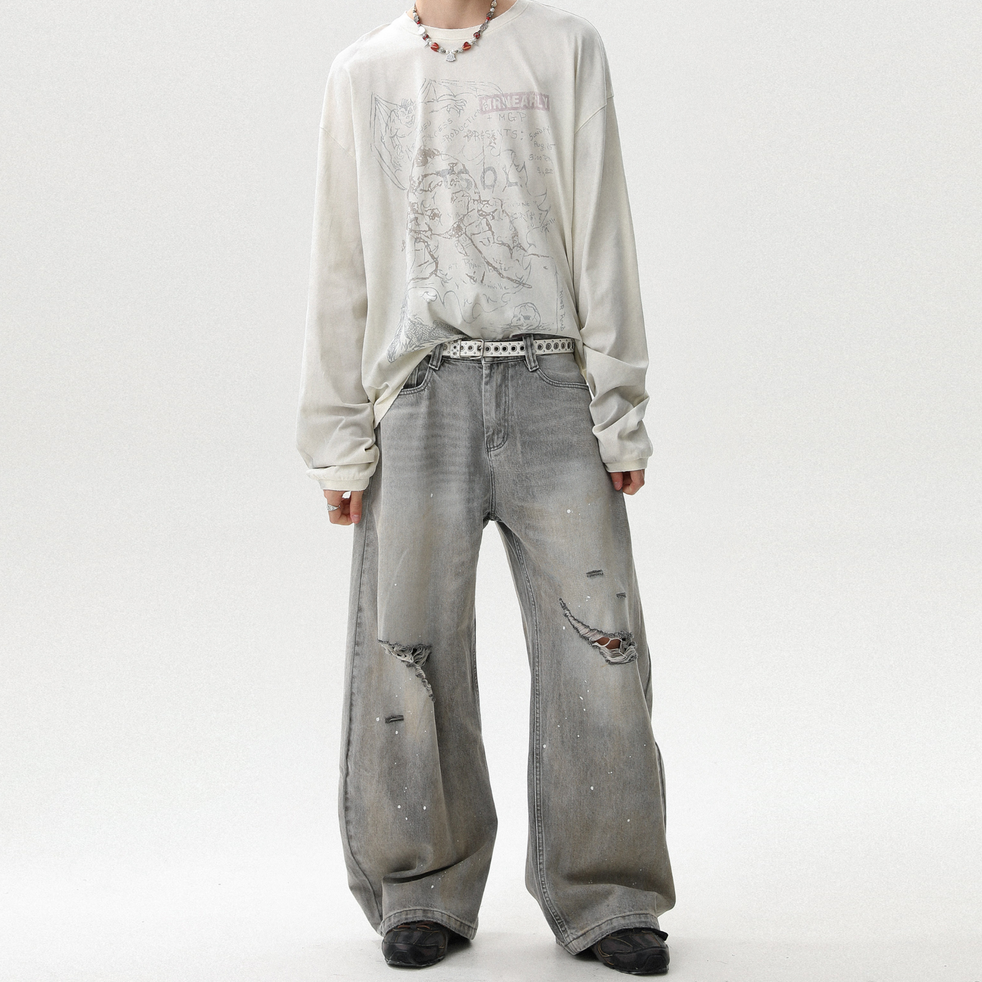 MRNEARLY 美式复古水洗做旧黄泥破洞牛仔裤男秋季宽松直筒长裤子 - 图3