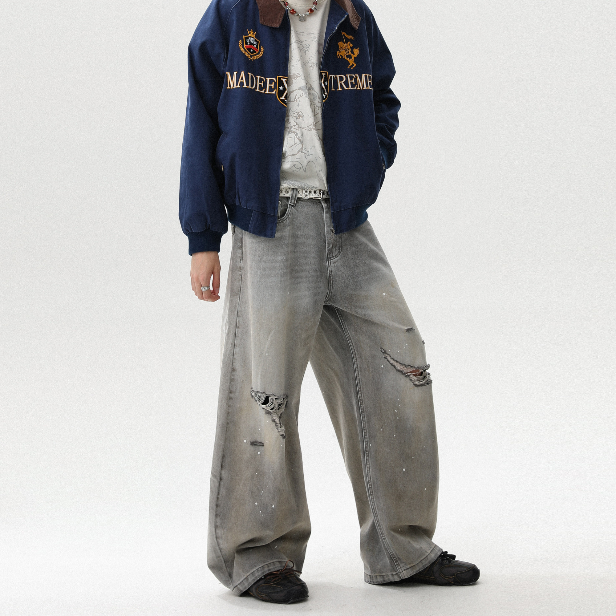 MRNEARLY 美式复古水洗做旧黄泥破洞牛仔裤男秋季宽松直筒长裤子 - 图0