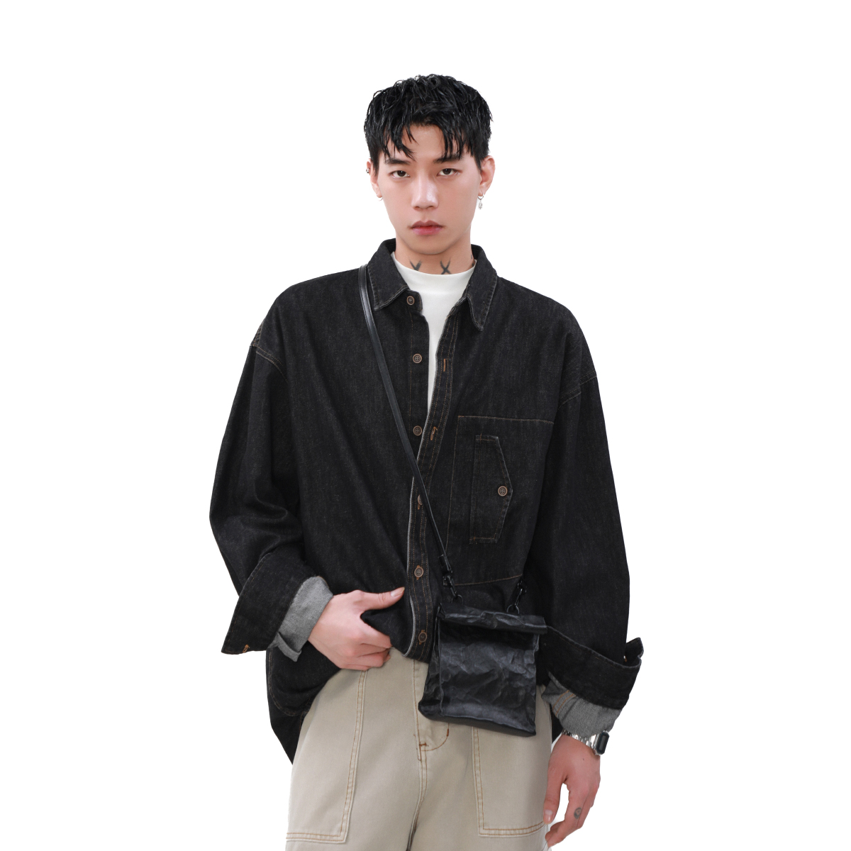 MRNEARLY美式复古小众设计感牛仔衬衫男长袖宽松休闲情侣衬衣外套 - 图2