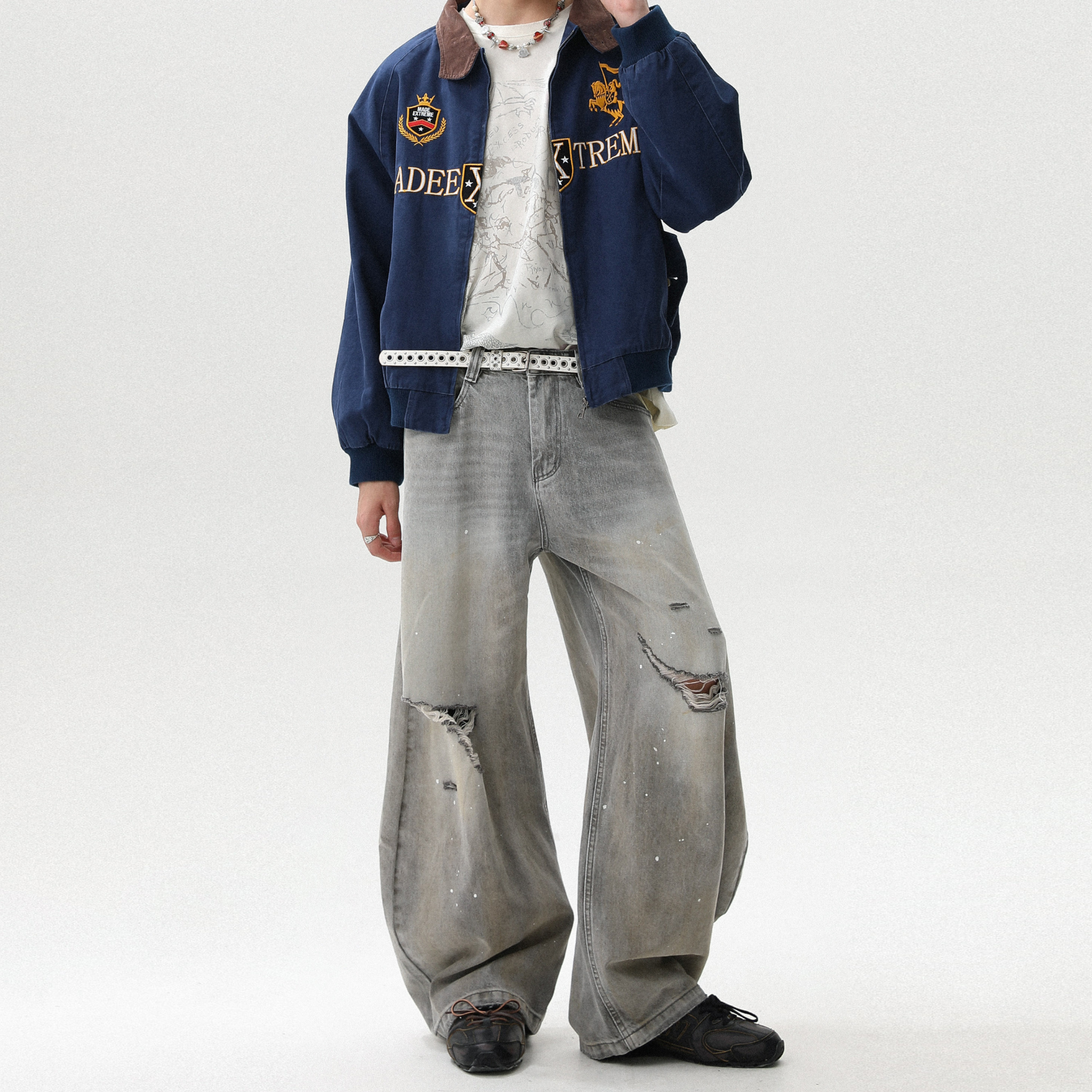 MRNEARLY 美式复古水洗做旧黄泥破洞牛仔裤男秋季宽松直筒长裤子 - 图2