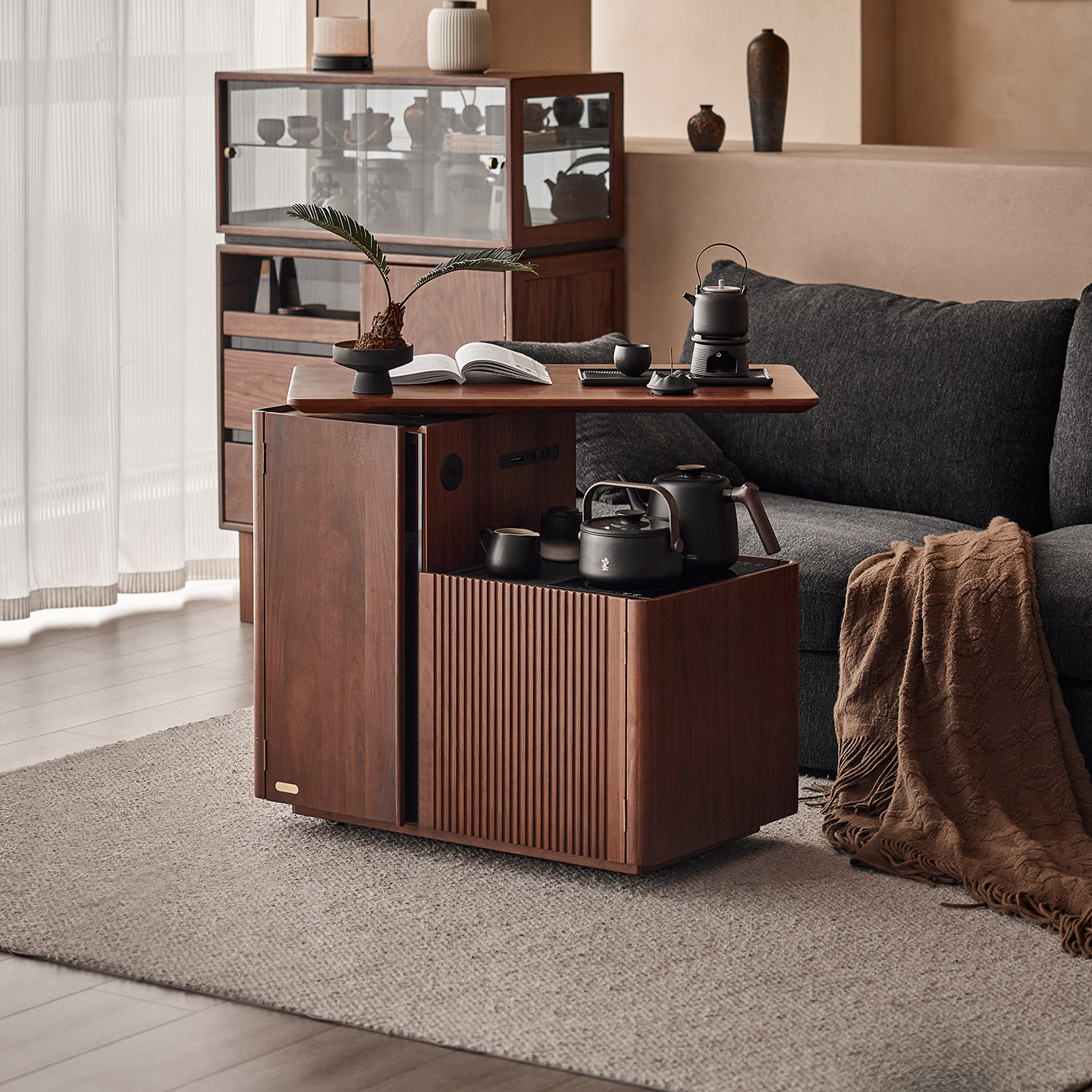 色格实木旋转茶桌茶台黑胡桃木家用客厅沙发边柜可移动茶水柜茶车,淘宝优惠券,粉丝福利购,淘宝优惠卷