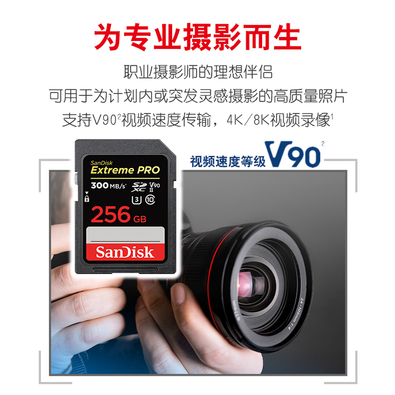 闪迪SD卡256G至尊超极速UHS-ll相机内存卡v90高清存储卡300mb高速-图1