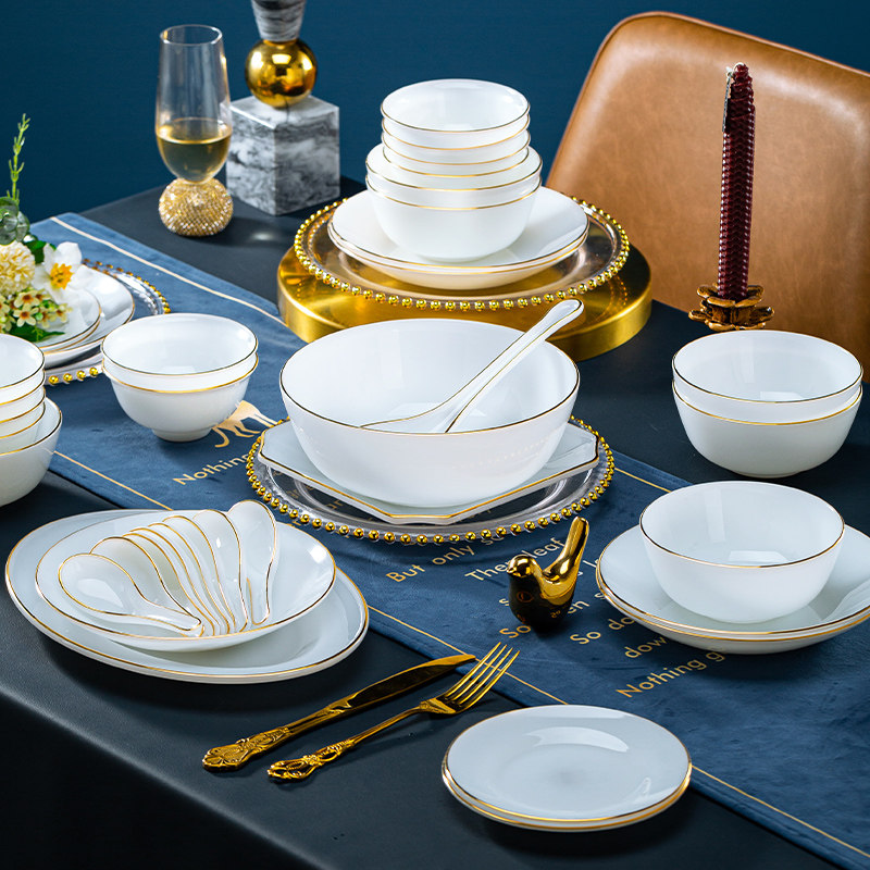 进口白玉瓷碗碟套装家用陶瓷景德镇餐具轻奢高级感碗盘釉下彩乔迁,淘宝优惠券,粉丝福利购,淘宝优惠卷