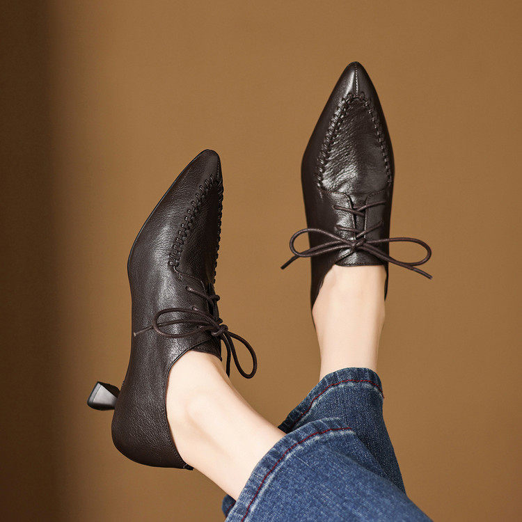 欧洲站时尚尖头深口鞋女头层牛皮系带单鞋真皮高跟鞋配阔腿裤鞋子,淘宝优惠券,粉丝福利购,淘宝优惠卷