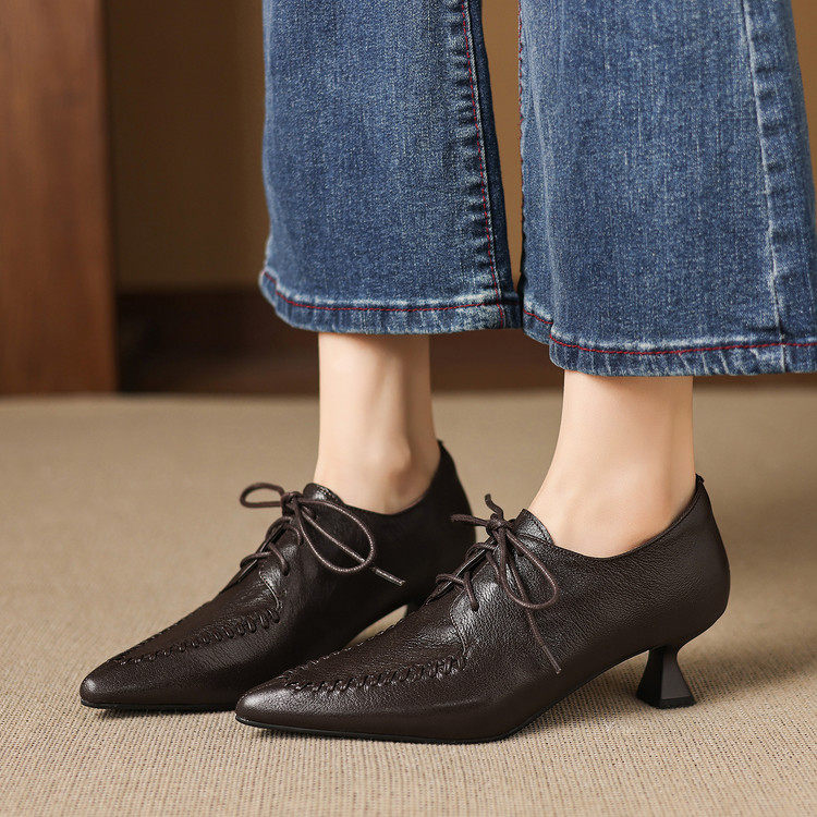 欧洲站时尚尖头深口鞋女头层牛皮系带单鞋真皮高跟鞋配阔腿裤鞋子,淘宝优惠券,粉丝福利购,淘宝优惠卷