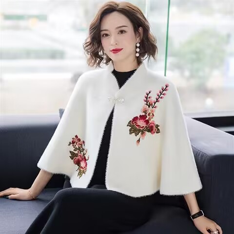 水貂绒披肩小外套女斗篷短款秋冬开衫高档搭配旗袍的外搭刺绣坎肩 - 图2