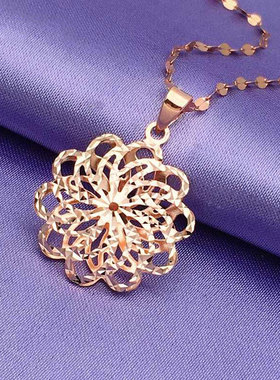 俄罗斯585紫金镀14K玫瑰金豪华镂空花朵吊坠女士高端简约流苏套链