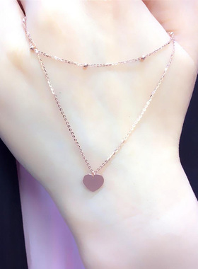 俄罗斯585紫金玫瑰金双层爱心圆珠项链气质镀14K彩金甜美女锁骨链