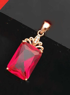 俄罗斯585紫金镀14K玫瑰金项链欧美豪华经典镶嵌红宝石方型吊坠女