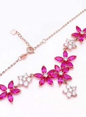 俄罗斯585紫金女精致气质豪华经典镀14K彩金镶嵌红石花朵项链礼物