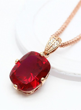 俄罗斯585紫金镀14K玫瑰金时尚镶嵌方形红宝石吊坠气质奢华女饰品