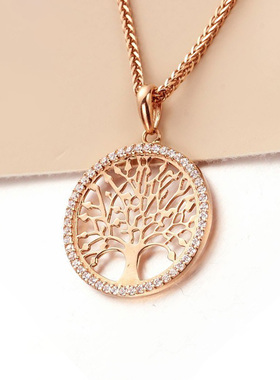 俄罗斯585紫金项链女款镀14K玫瑰金锆石大树吊坠锁骨链简约高级感