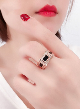 俄罗斯585紫金镀14K玫瑰金彩金豪华凹面黑色戒指女戒指轻奢高级感