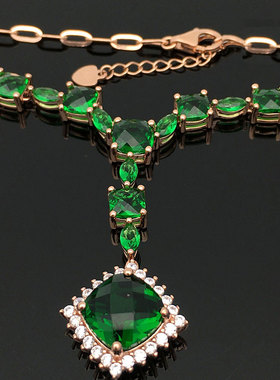 俄罗斯585紫金镀14K玫瑰金气质豪华绿石方型套链高档时尚女款礼物