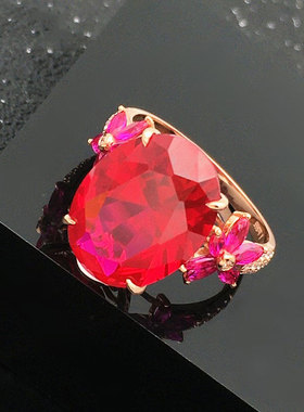 俄罗斯手饰镀玫瑰金时尚豪华红宝石戒指气质精致个性女