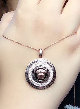 俄罗斯585紫金女士镀14K玫瑰金气质时尚大方圆形镶嵌锆石吊坠项链