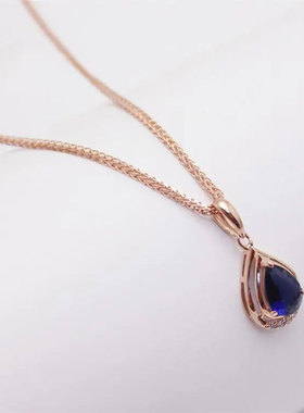 俄罗斯585紫金镶蓝宝石水滴吊坠玫瑰金镀14K奢华时尚锁骨链高级感