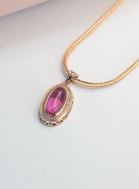 俄罗斯585紫金镀14K玫瑰金项链时尚红石精美奢华椭圆吊坠个性复古