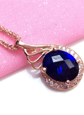 俄罗斯585紫金女款椭圆吊坠项链镀14k玫瑰金蓝石大气百搭优雅礼物