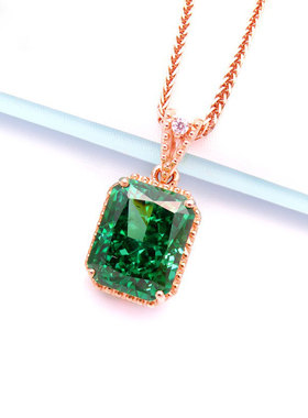 俄罗斯585紫金锁骨链镀14K玫瑰金时尚方形绿石吊坠精致项链高级感