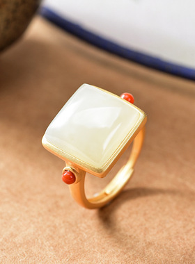 天然石头白色方形戒指中国风女款