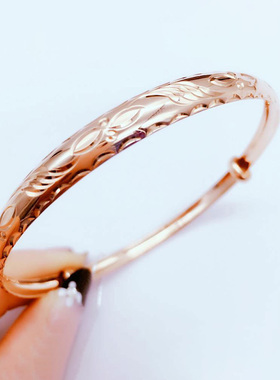 俄罗斯585紫金镀18K玫瑰金花纹手镯简约洋气个性韩版气质轻奢女款