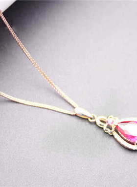 俄罗斯585紫金项链镀14K彩金玫瑰金女时尚镶嵌红宝石水滴吊坠礼物