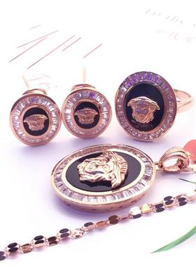 俄罗斯585紫金锆石黑色人像圆形吊坠女款镀14k玫瑰金时尚气质饰品